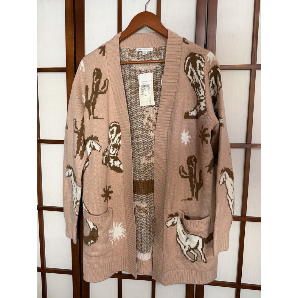 Cato Open Front Knit Western Cardigan Medium Horses Cacti Cowboy Boot NEW!